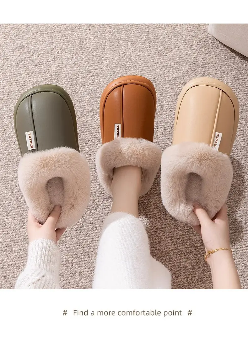 Pu waterproof cotton slippers women's home cotton shoes indoor non-slip warm can be worn outside wear-resistant thick bottom moon shoes men's wholesale — feature 14