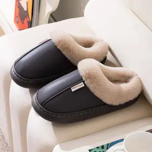 Pu waterproof cotton slippers women's home cotton shoes indoor non-slip warm can be worn outside wear-resistant thick bottom moon shoes men's wholesale - Image 5