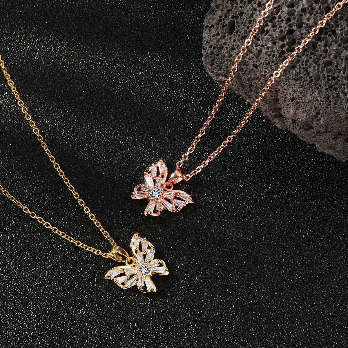 Butterfly Zircon Pendant Necklace Gold Rose Gold - Image 4
