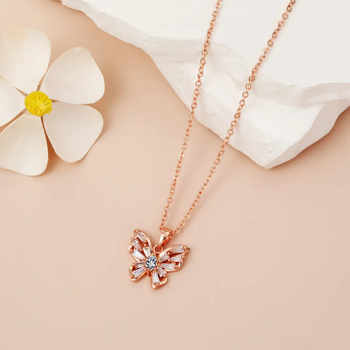 Butterfly Zircon Pendant Necklace Gold Rose Gold — feature 6