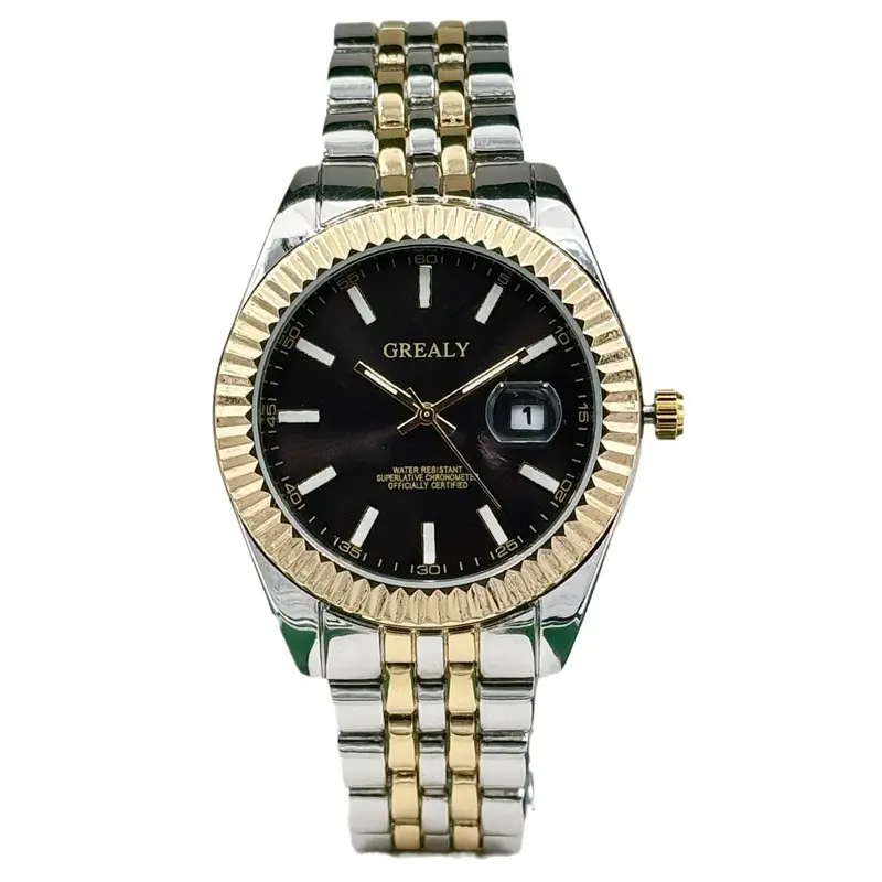 Grealy Men's Black Dial Quartz Watch with Gold Steel Band - Image 9