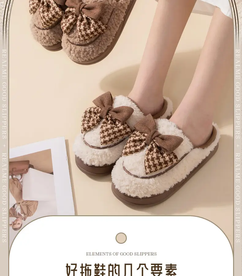 Women's Bow Cotton Slippers Warm Indoor Winter — feature 2