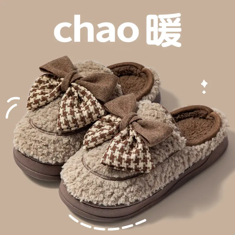 Women's Bow Cotton Slippers Fleece Lined Warm Winter Indoor Non-Slip - Image 3