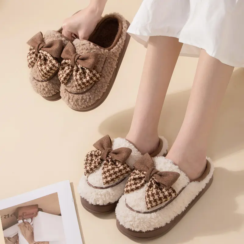 Women's Bow Cotton Slippers Fleece Lined Warm Winter Indoor Non-Slip - Image 5