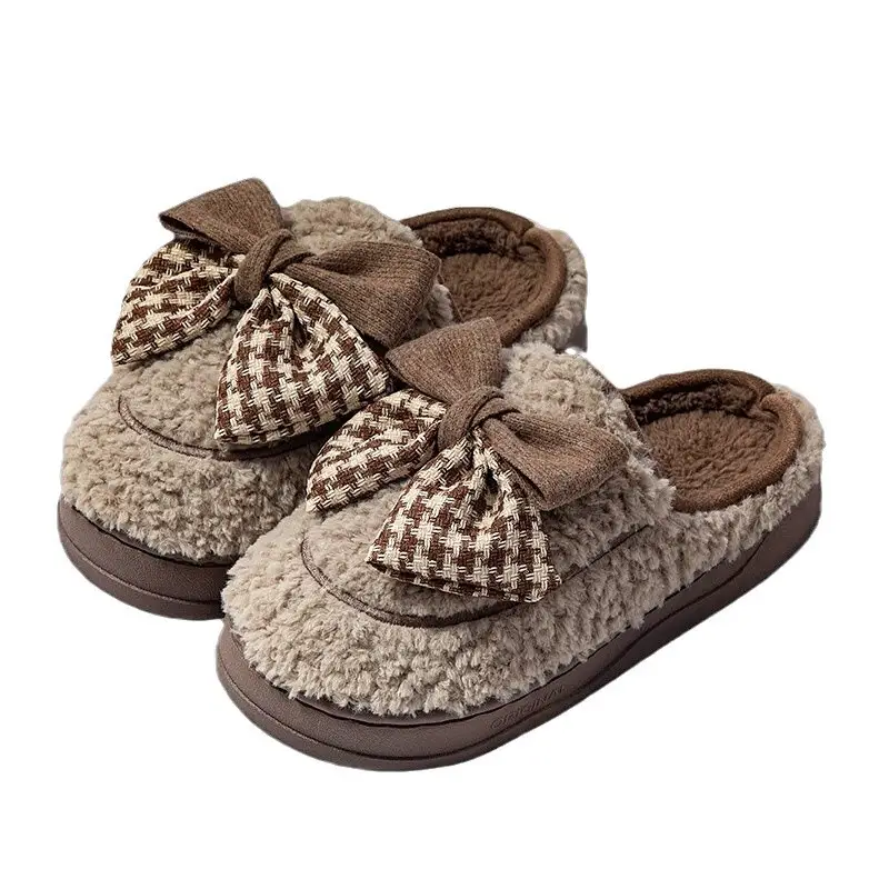 Women's Bow Cotton Slippers Fleece Lined Warm Winter Indoor Non-Slip - Image 7