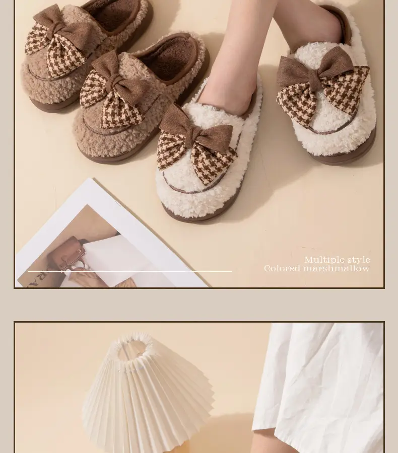 Women's Bow Cotton Slippers Fleece Lined Warm Winter Indoor Non-Slip — feature 12