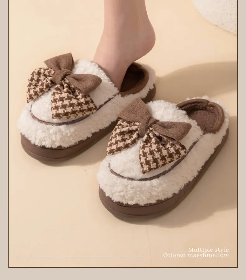 Women's Bow Cotton Slippers Fleece Lined Warm Winter Indoor Non-Slip — feature 14