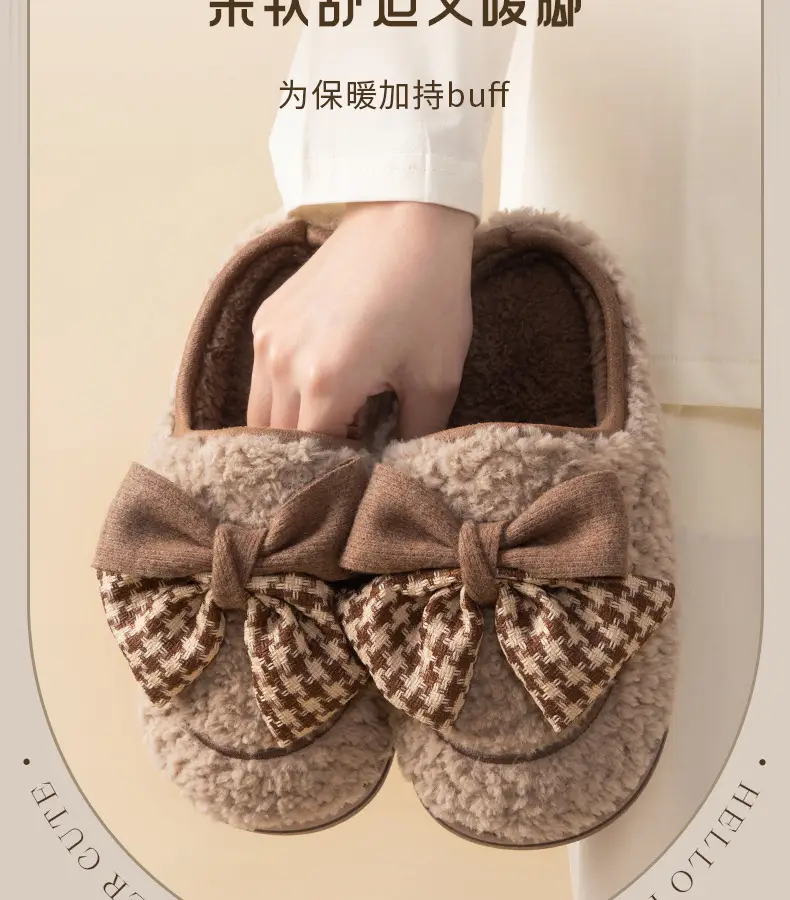 Women's Bow Cotton Slippers Fleece Lined Warm Winter Indoor Non-Slip — feature 4