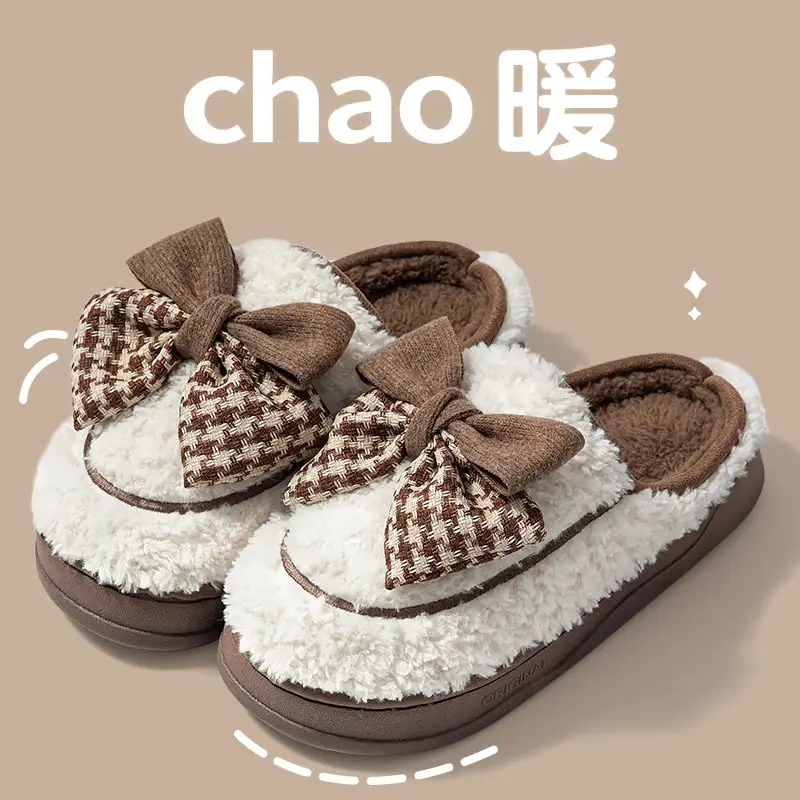 Women's Bow Cotton Slippers Fleece Lined Warm Winter Indoor Non-Slip - Image 2