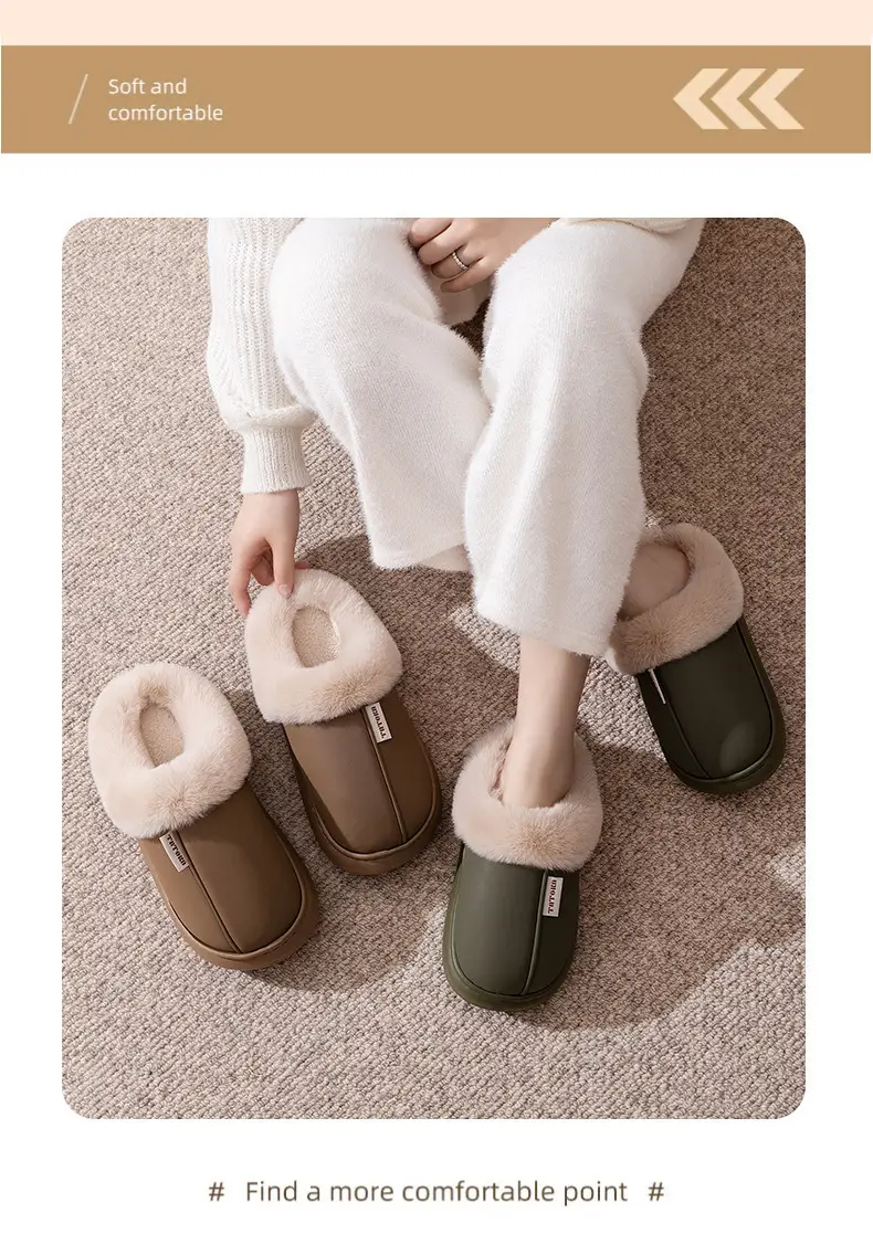 Home waterproof fleece-lined warm couple cotton slippers ladies Mao Mao cotton shoes indoor winter thick bottom moon shoes wholesale — feature 11