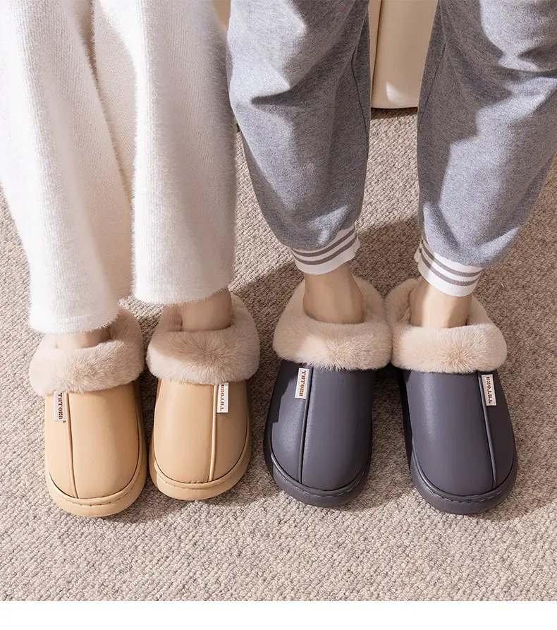 Home waterproof fleece-lined warm couple cotton slippers ladies Mao Mao cotton shoes indoor winter thick bottom moon shoes wholesale — feature 15