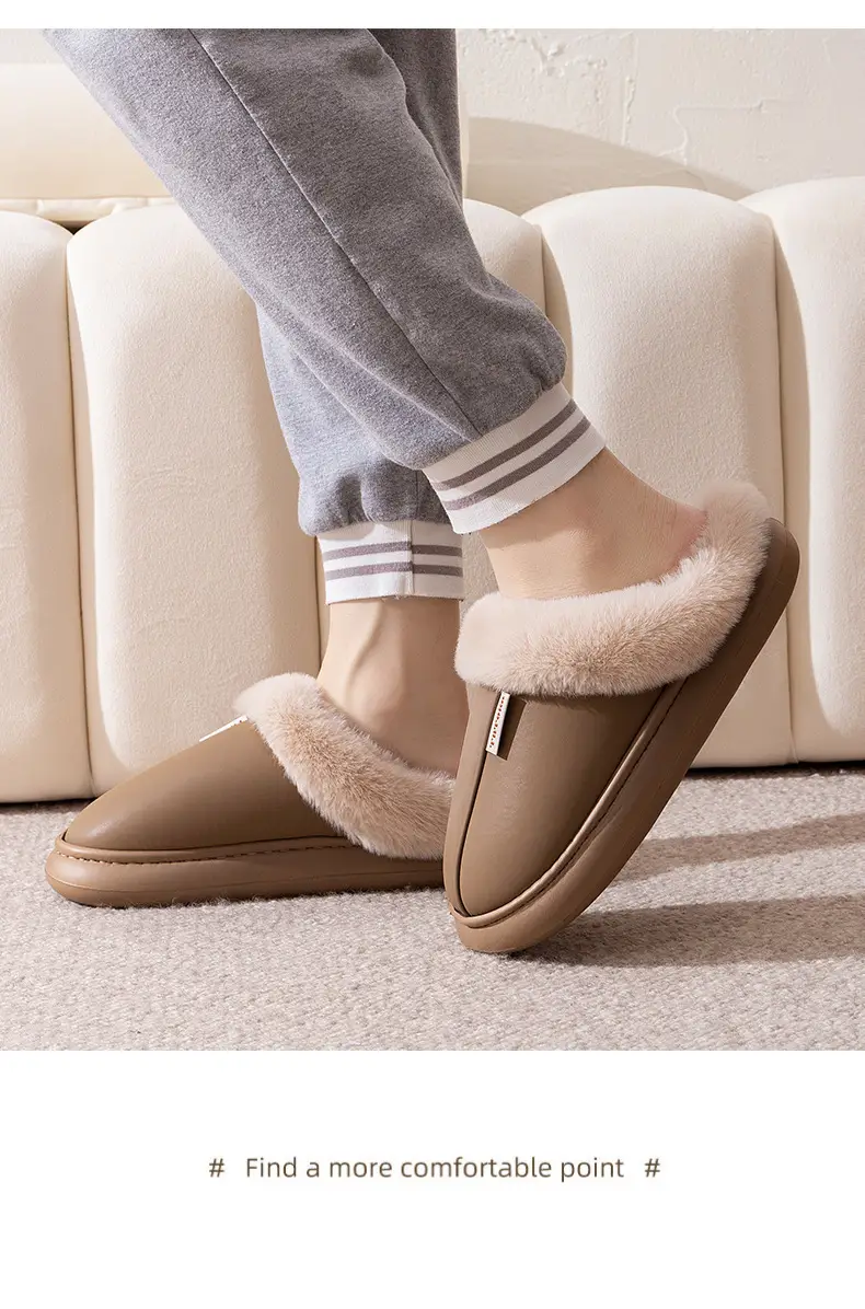 Home waterproof fleece-lined warm couple cotton slippers ladies Mao Mao cotton shoes indoor winter thick bottom moon shoes wholesale — feature 18