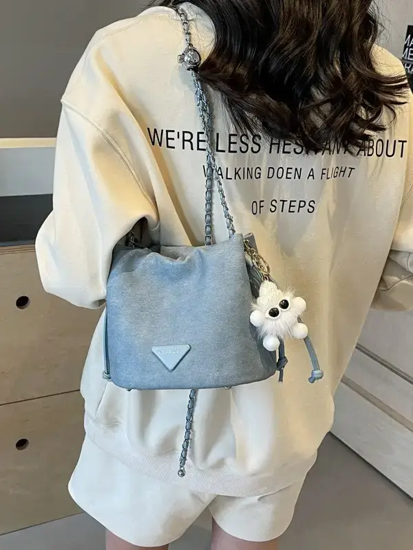 Women's Blue Chain Shoulder Bag with Flower Decor - Image 8