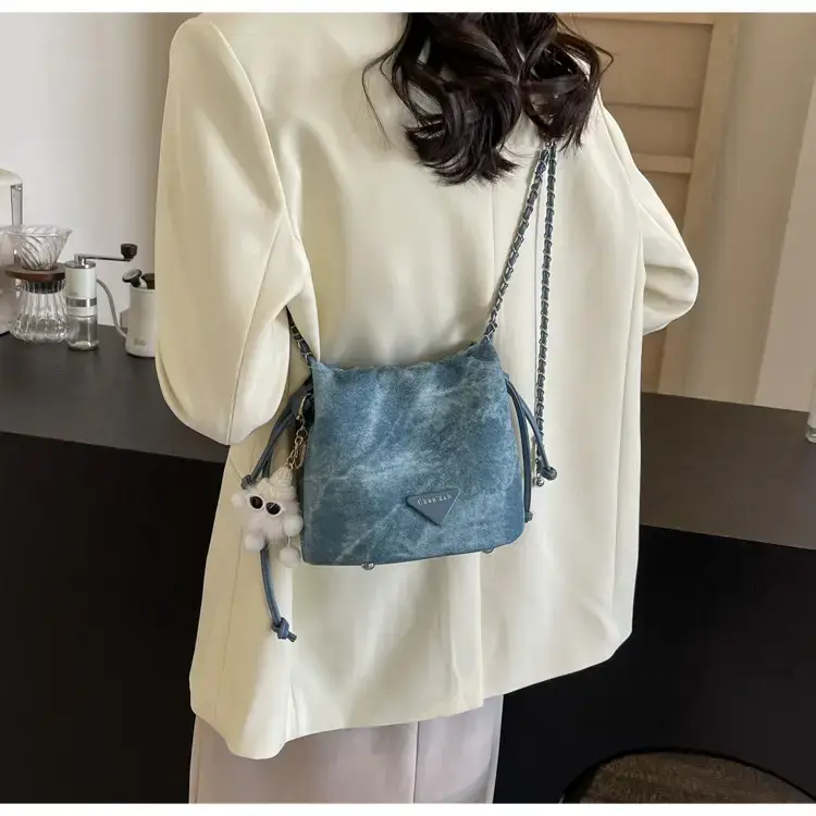 Women's Blue Chain Shoulder Bag with Flower Decor — feature 17