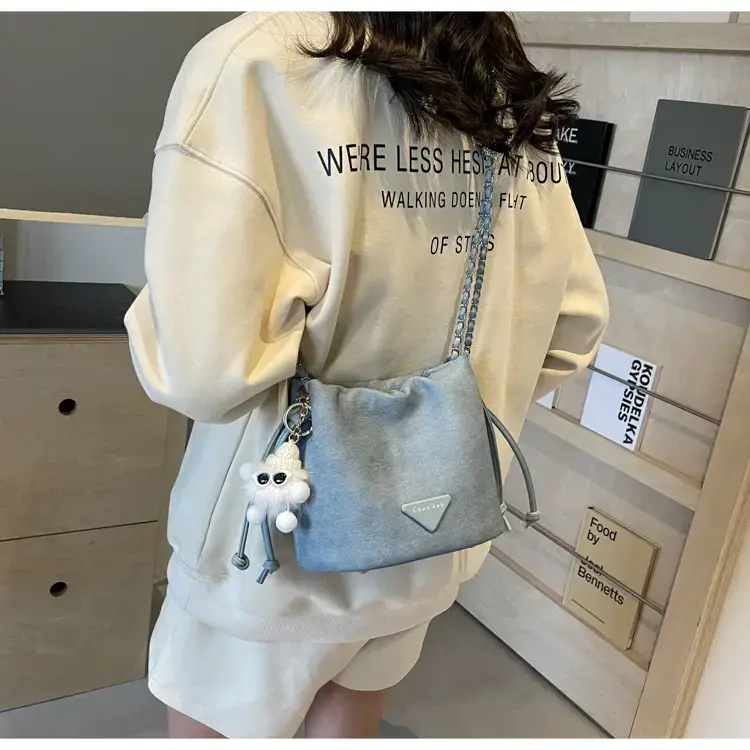 Women's Blue Chain Shoulder Bag with Flower Decor — feature 33