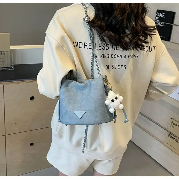 Women's Blue Chain Shoulder Bag with Flower Decor — feature 34