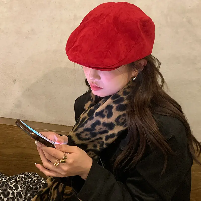 Women Red Suede Ankora Cap Autumn Winter Face Duckling Beret - Image 4