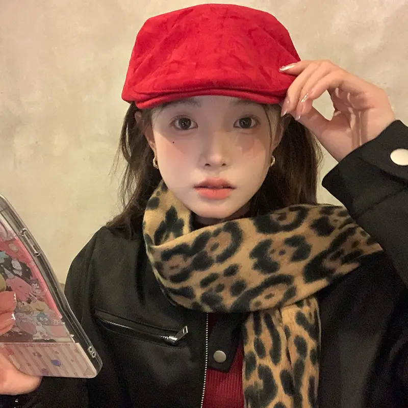 Women Red Suede Ankora Cap Autumn Winter Face Duckling Beret - Image 5