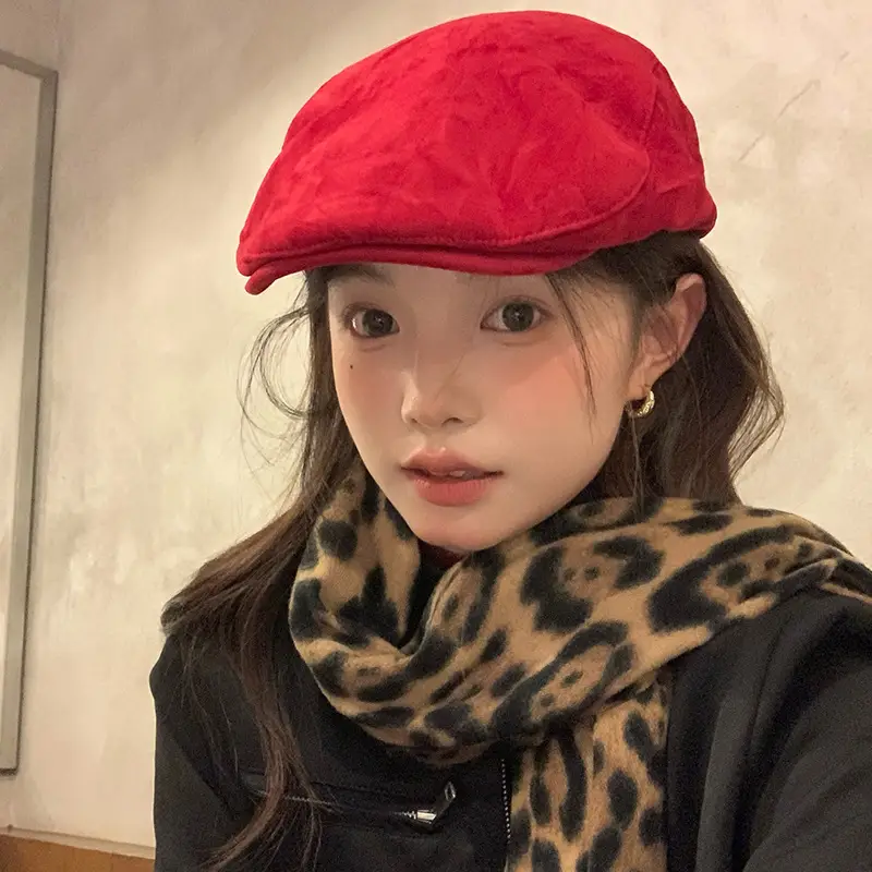 Women Red Suede Ankora Cap Autumn Winter Face Duckling Beret - Image 6