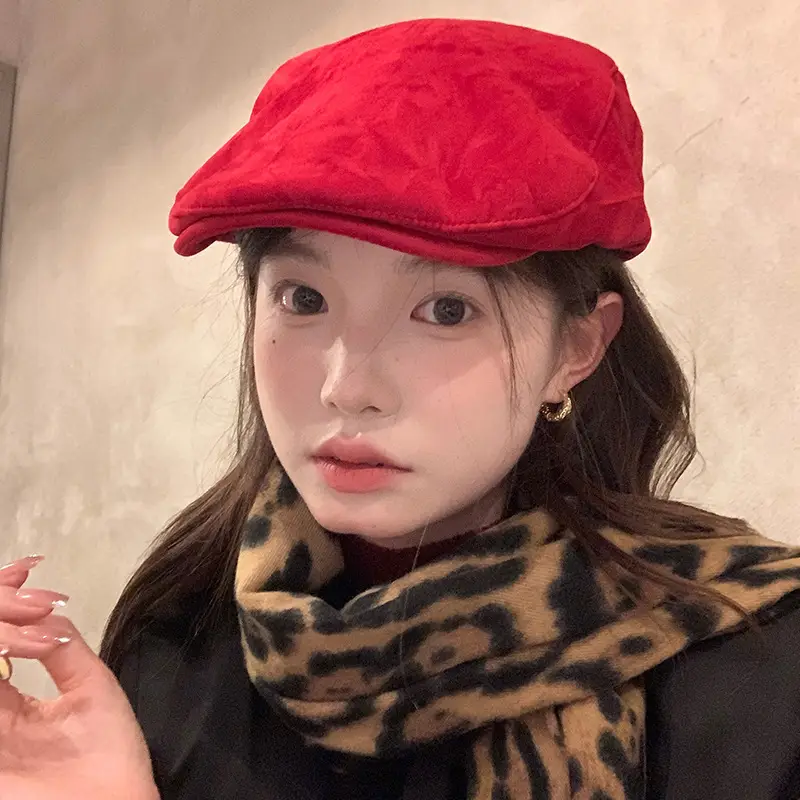 Women Red Suede Ankora Cap Autumn Winter Face Duckling Beret - Image 7