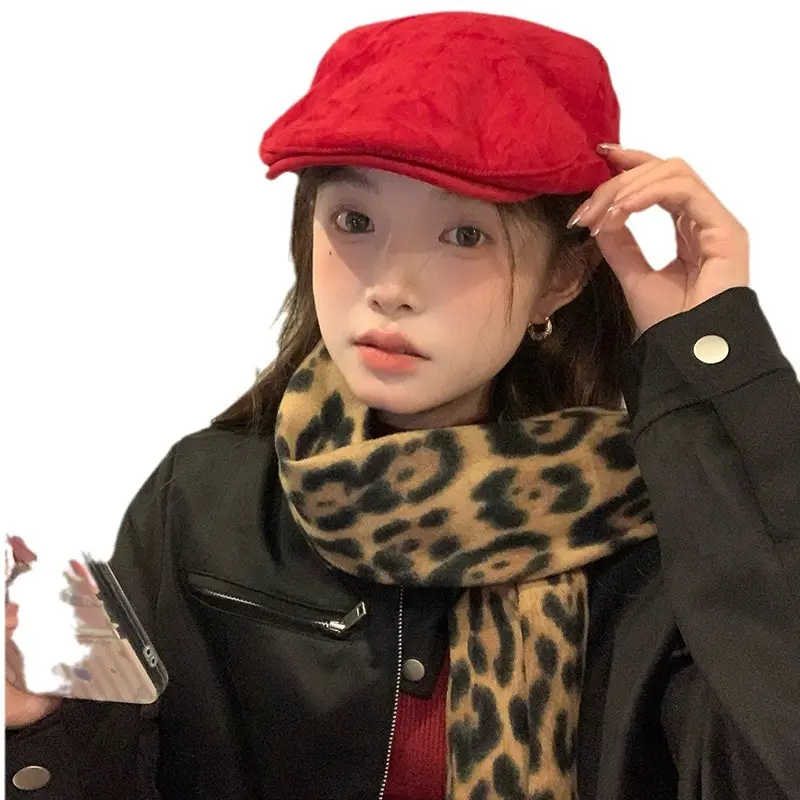 Women Red Suede Ankora Cap Autumn Winter Face Duckling Beret - Image 8