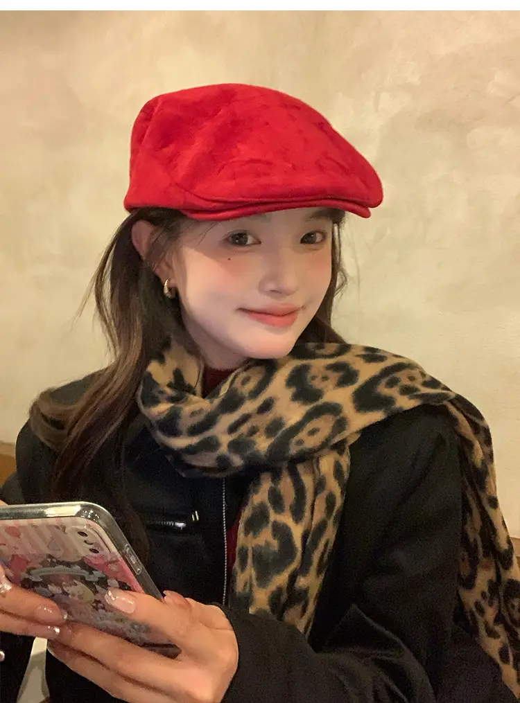 Women Red Suede Ankora Cap Autumn Winter Face Duckling Beret — feature 10