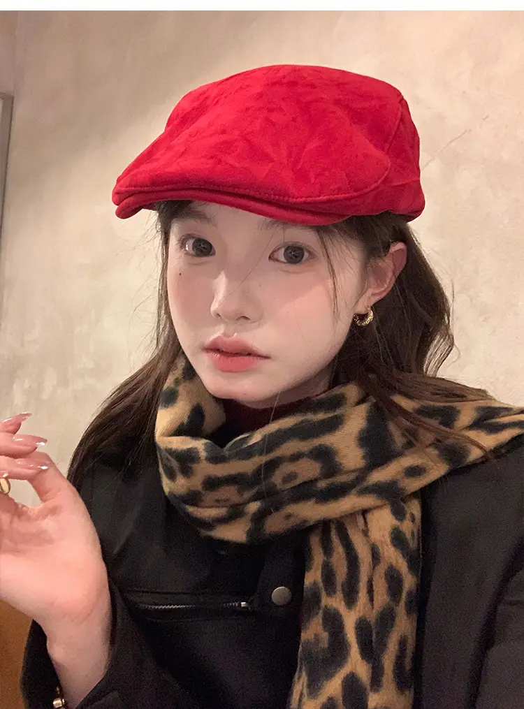 Women Red Suede Ankora Cap Autumn Winter Face Duckling Beret — feature 11