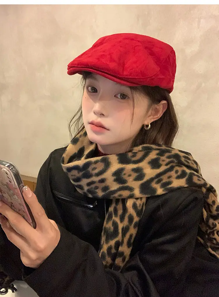 Women Red Suede Ankora Cap Autumn Winter Face Duckling Beret — feature 12