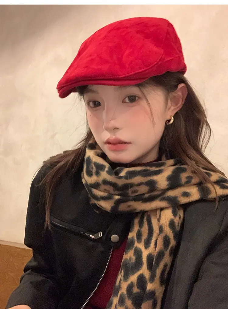 Women Red Suede Ankora Cap Autumn Winter Face Duckling Beret — feature 13