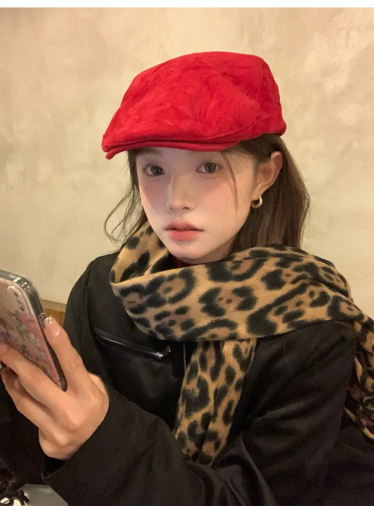 Women Red Suede Ankora Cap Autumn Winter Face Duckling Beret — feature 14