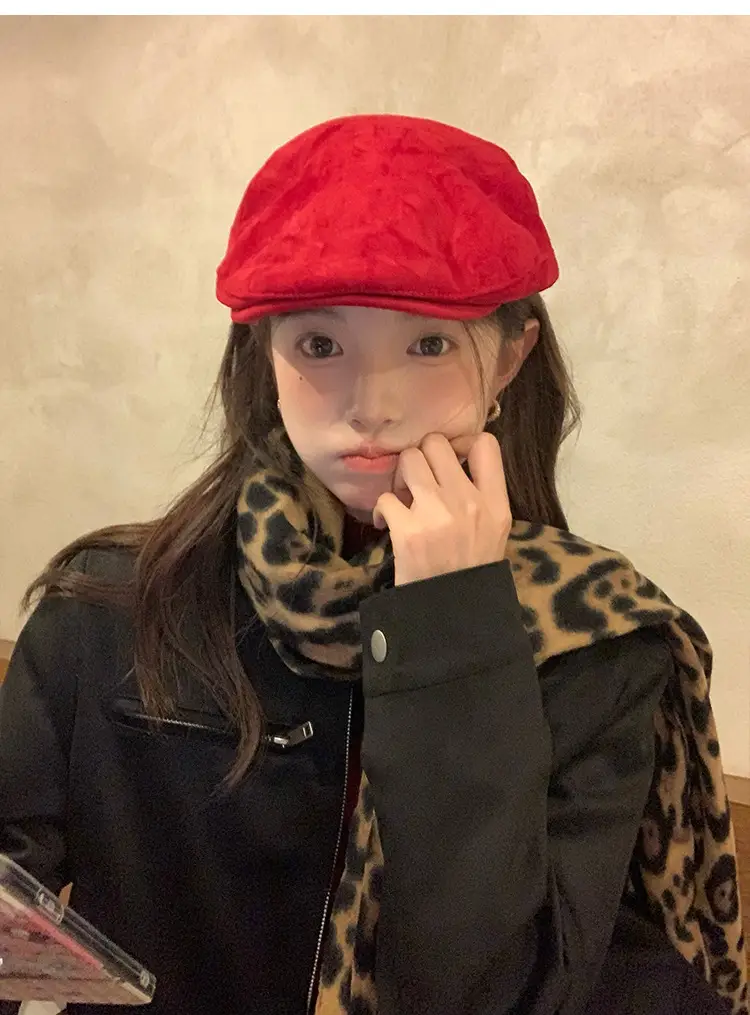 Women Red Suede Ankora Cap Autumn Winter Face Duckling Beret — feature 15