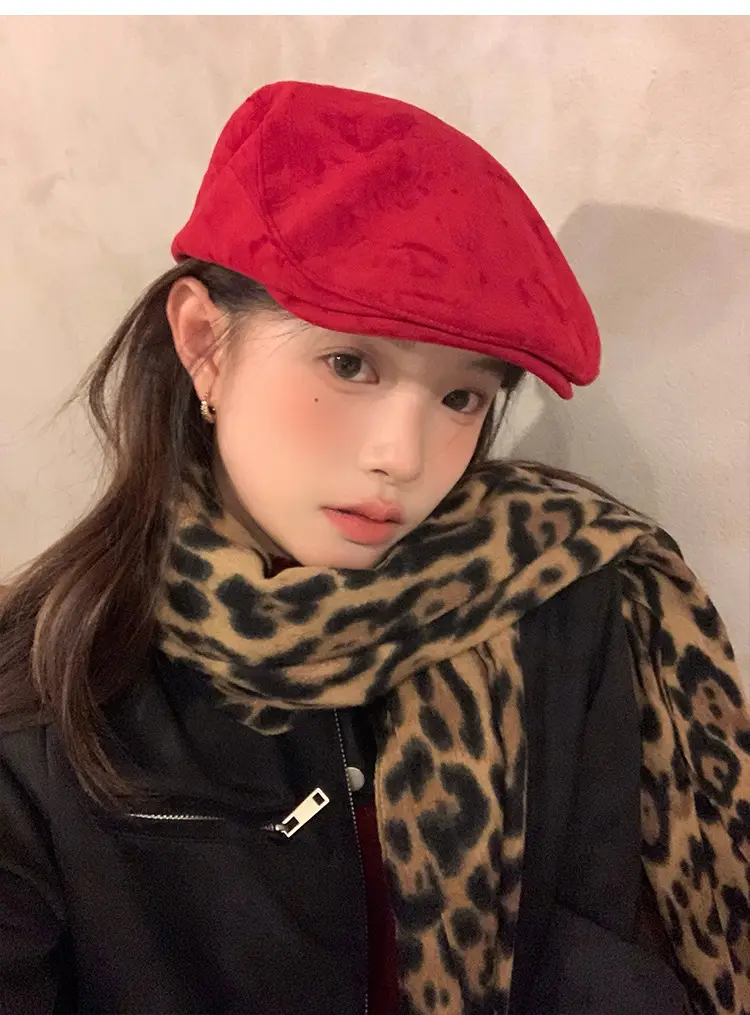 Women Red Suede Ankora Cap Autumn Winter Face Duckling Beret — feature 16