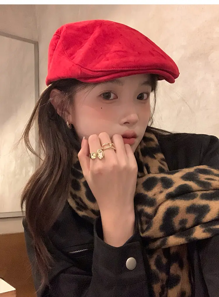 Women Red Suede Ankora Cap Autumn Winter Face Duckling Beret — feature 18
