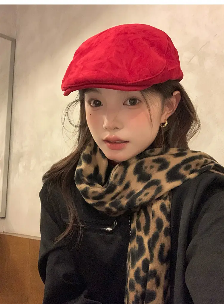 Women Red Suede Ankora Cap Autumn Winter Face Duckling Beret — feature 20