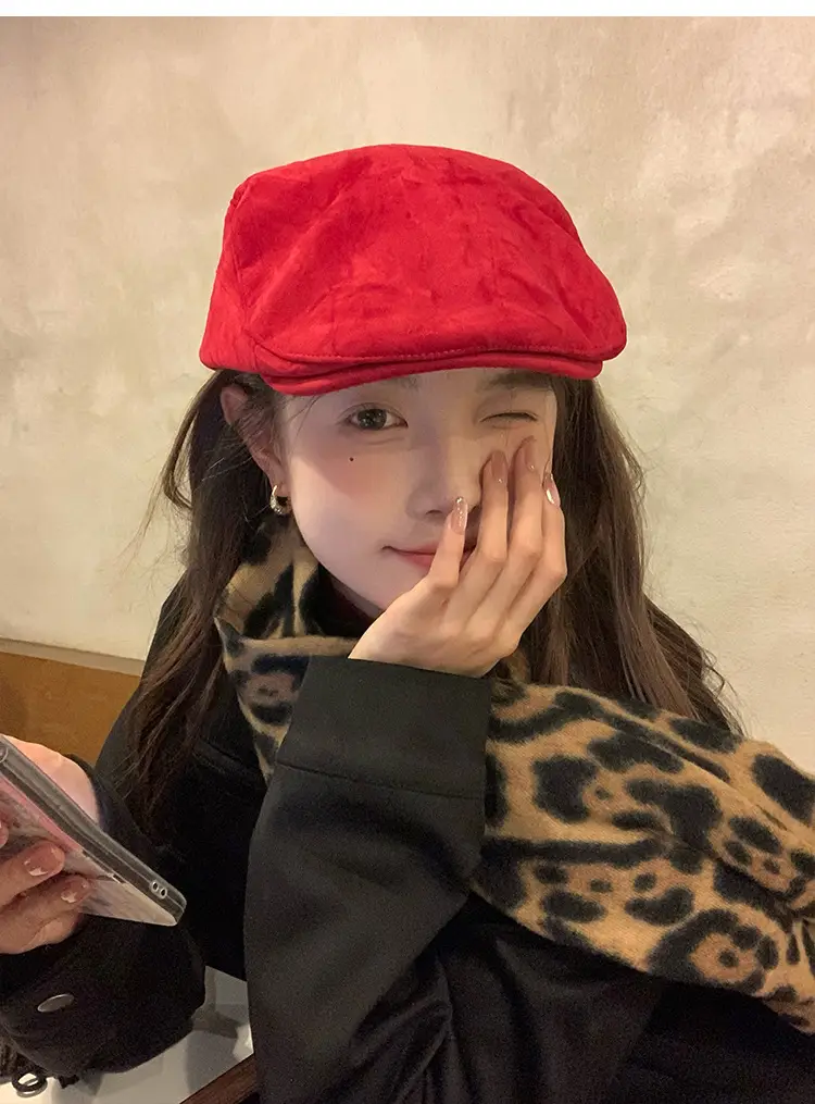 Women Red Suede Ankora Cap Autumn Winter Face Duckling Beret — feature 4