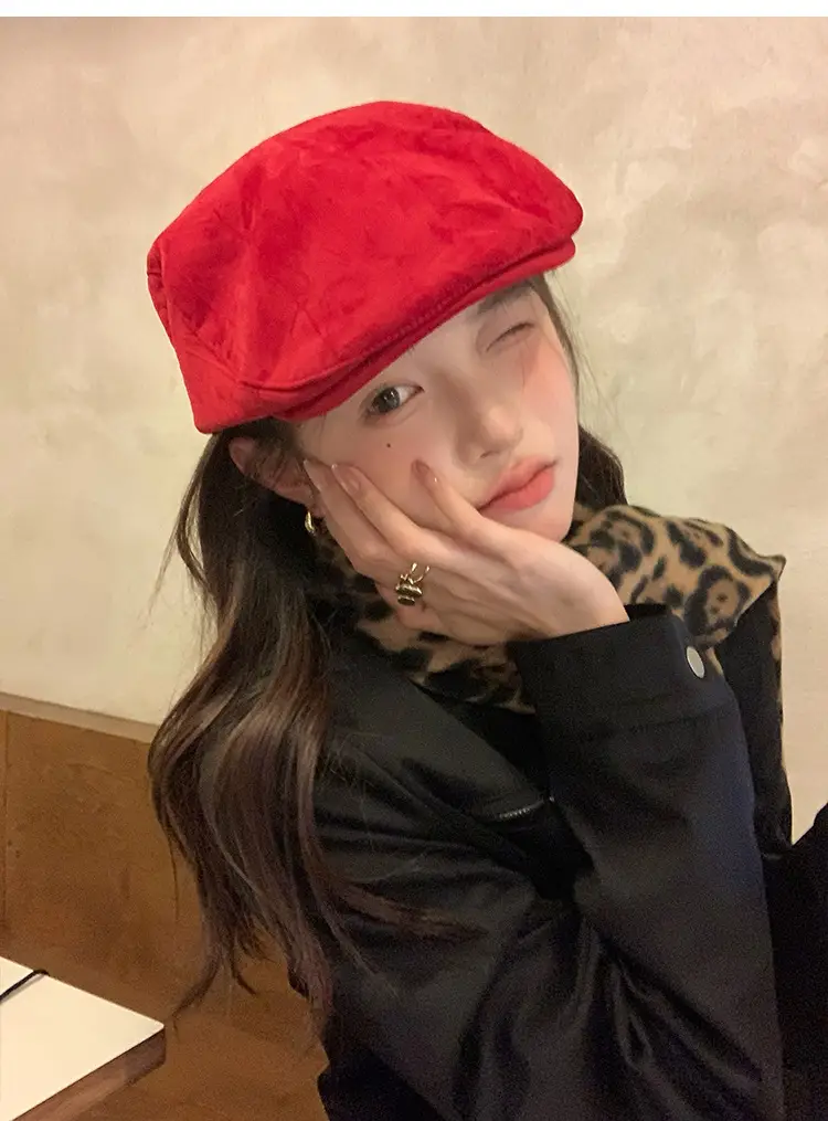 Women Red Suede Ankora Cap Autumn Winter Face Duckling Beret — feature 5