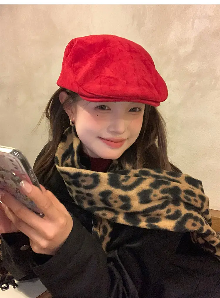 Women Red Suede Ankora Cap Autumn Winter Face Duckling Beret — feature 7