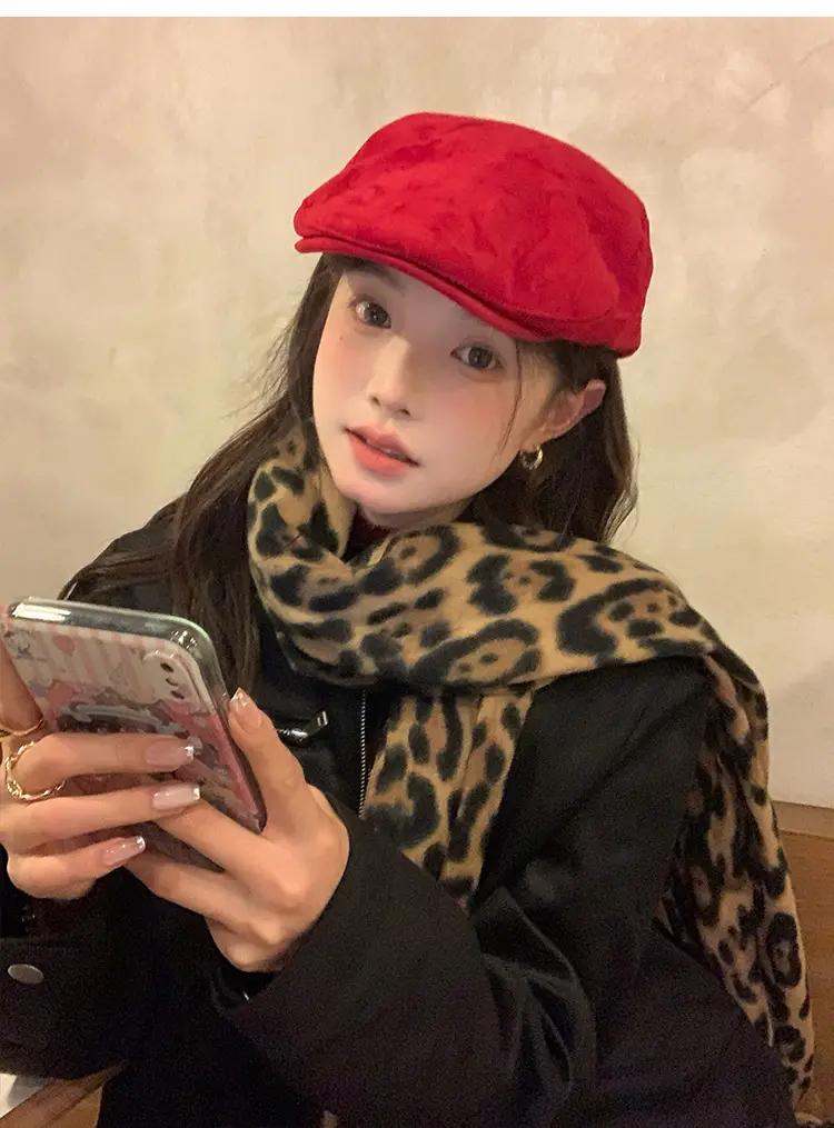 Women Red Suede Ankora Cap Autumn Winter Face Duckling Beret — feature 8