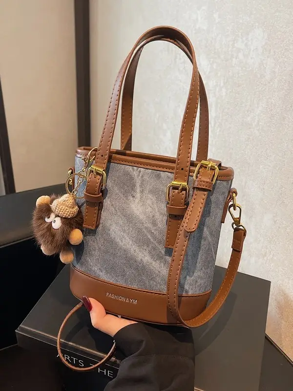 Women's Cross-Brand Canvas Shoulder Bag Brown Gold
