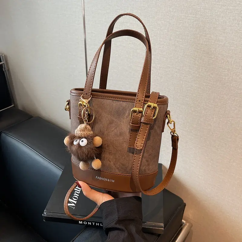Women's Cross-Brand Canvas Shoulder Bag Brown Gold