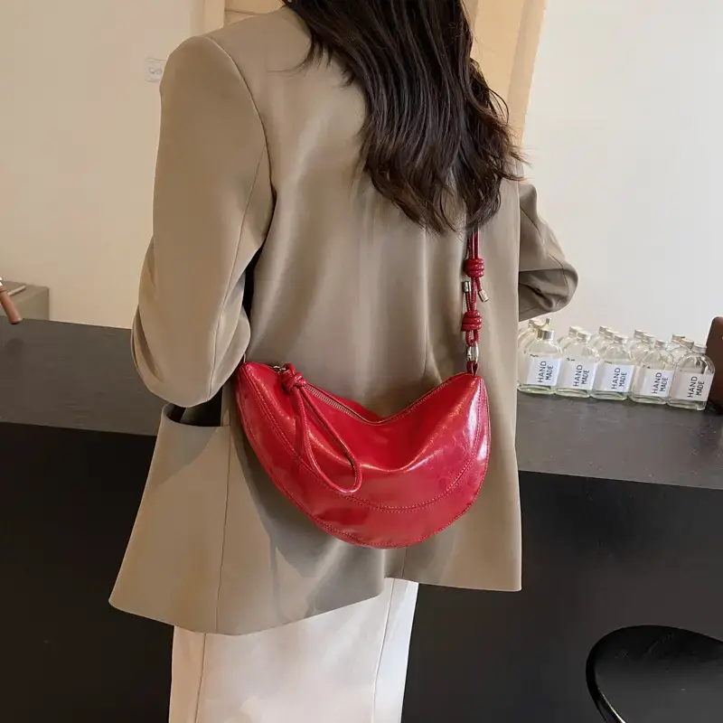 Red Saddle Bag for Women Croissant Style Shoulder Messenger - Image 10