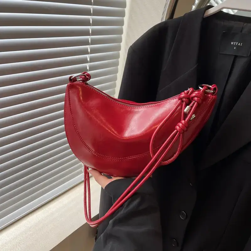 Red Saddle Bag for Women Croissant Style Shoulder Messenger - Image 5