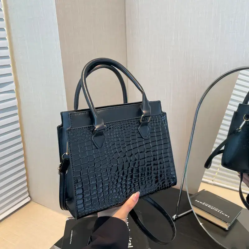 Black Croc Leather Handbag for Women Large Capacity - Image 8