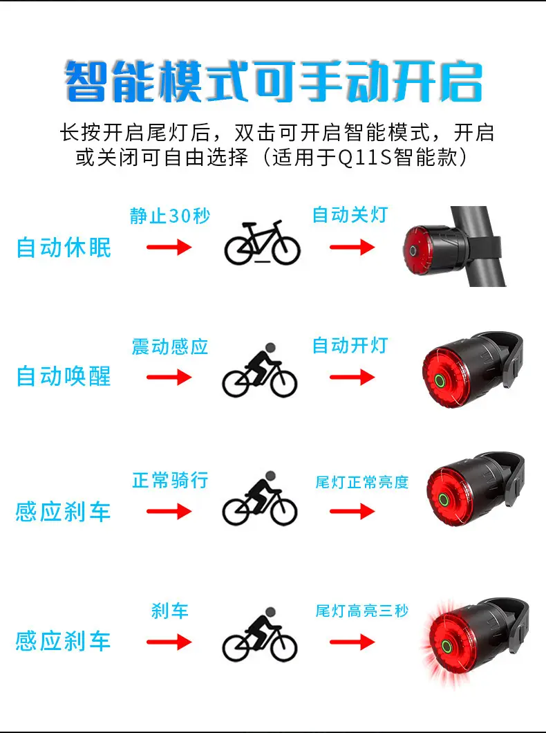 New bicycle double bracket smart brake tail light type-c charging waterproof vibration sensor night riding warning light — feature 10