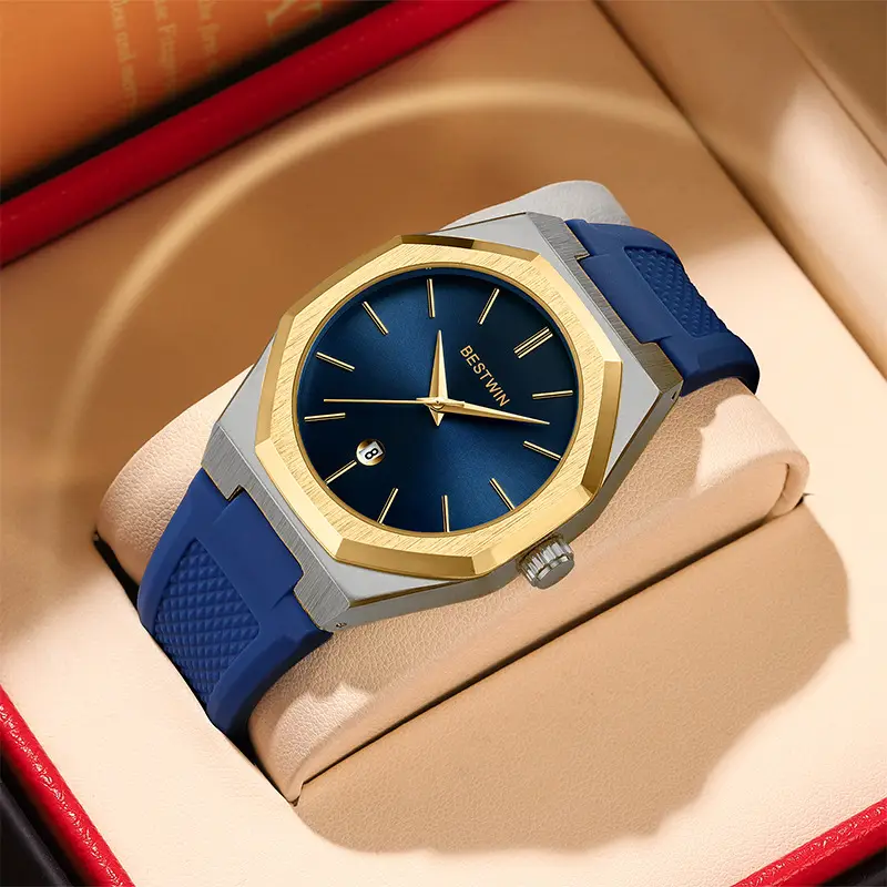 Men's Blue Silicone Strap Quartz Watch with Cross-Border Design