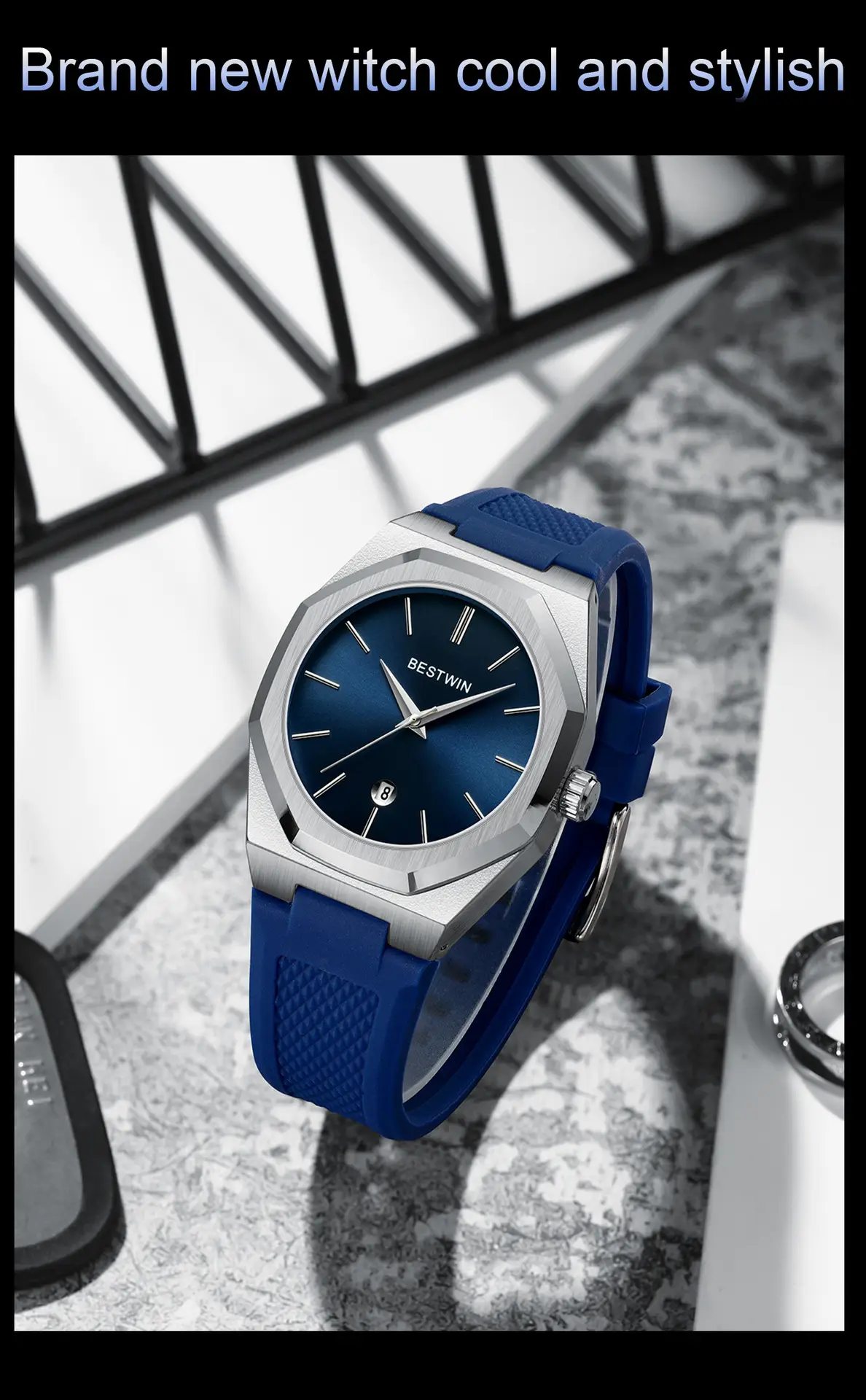 Men's Blue Silicone Strap Quartz Watch with Cross-Border Design — feature 18
