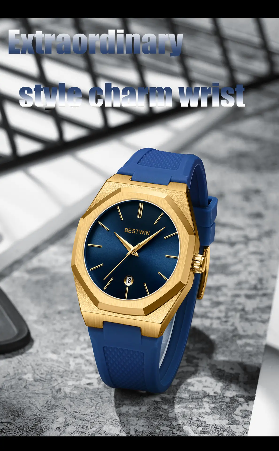 Men's Blue Silicone Strap Quartz Watch with Cross-Border Design — feature 19