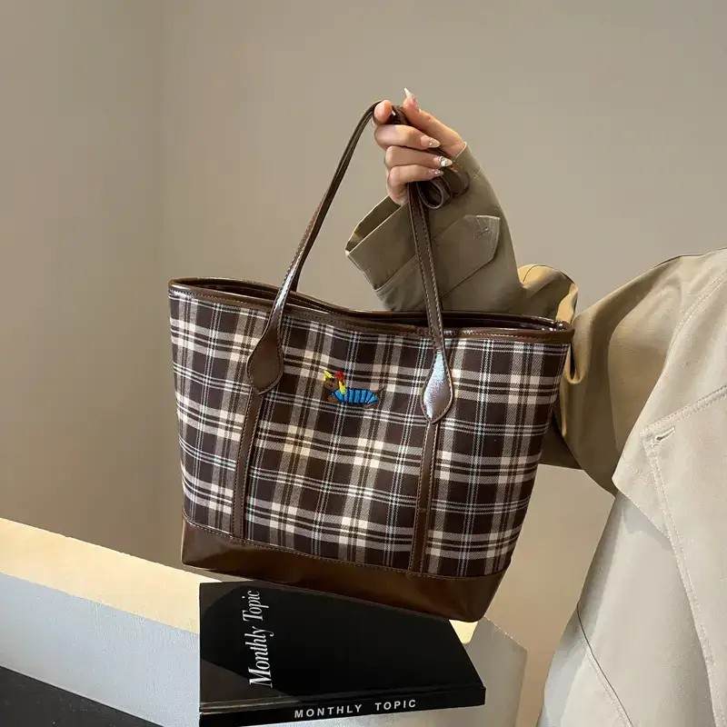 Vintage Plaid Tote Bag Large Capacity Brown - Image 5