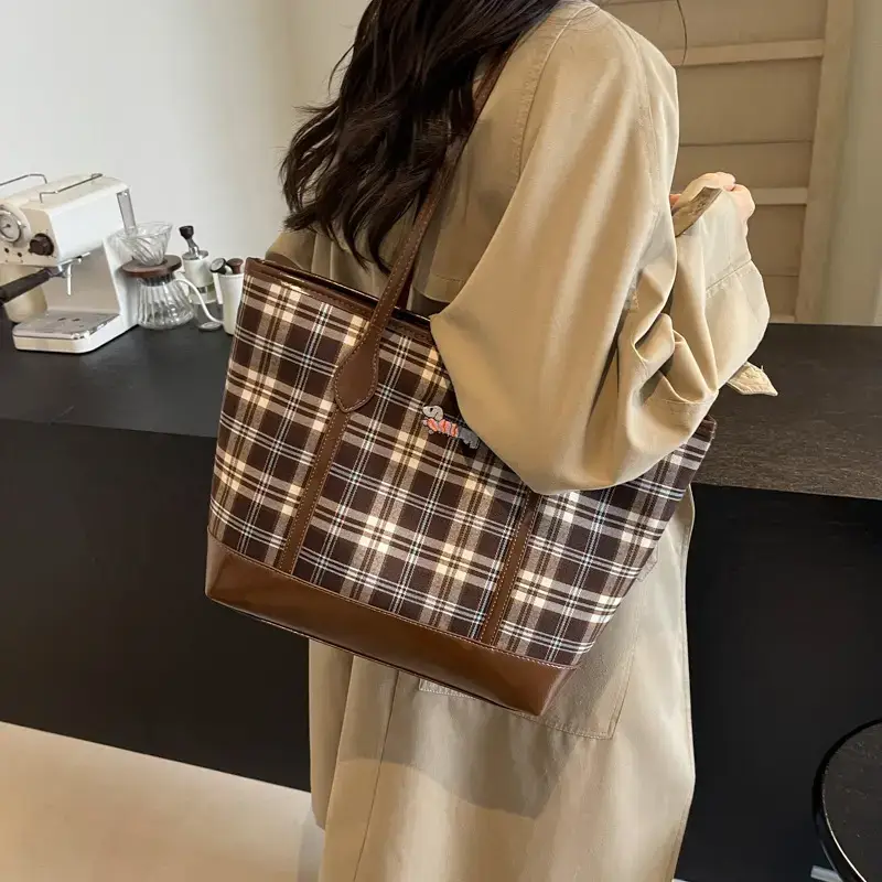 Vintage Plaid Tote Bag Large Capacity Brown - Image 6