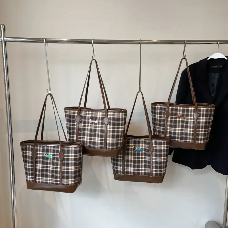 Vintage Plaid Tote Bag Large Capacity Brown - Image 8